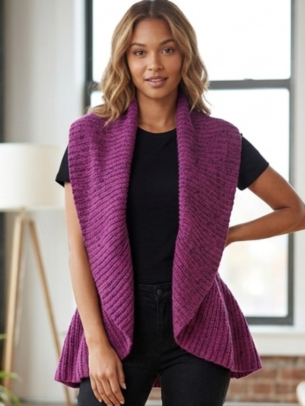 Ruby Rd. Sleeveless Purple Casual Layering Open Front Drape Sweater Vest Size M